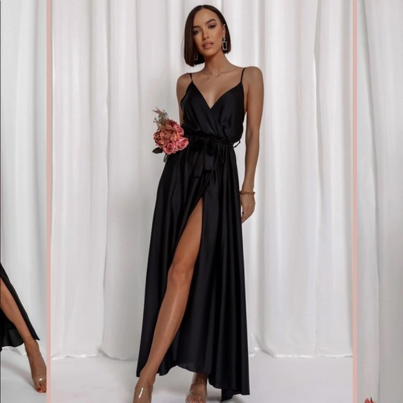 black satin wrap maxi dress Black Wrap Maxi Dress - XS